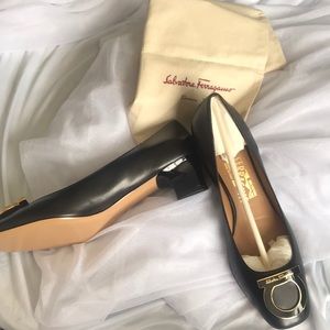 Salvatore Ferragamo black patent leather heal.